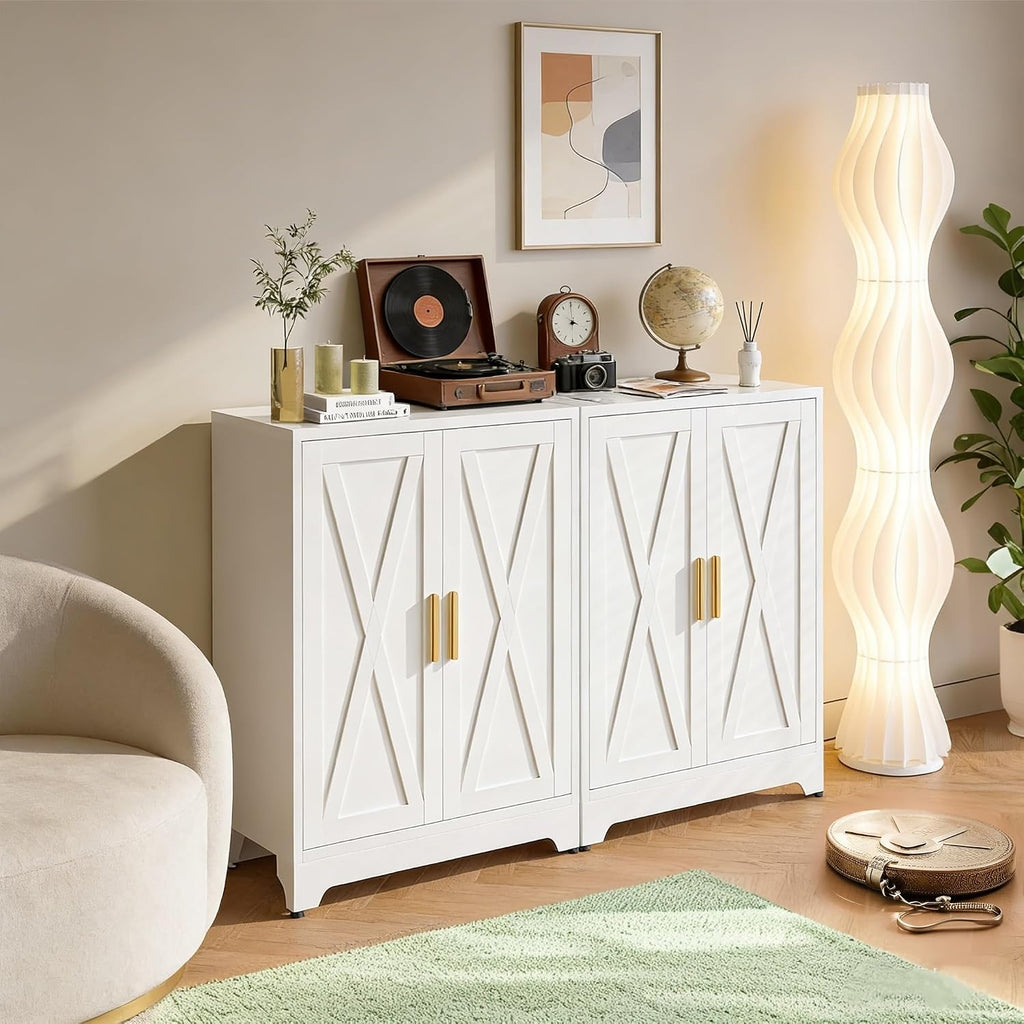 Metal Locker Cabinet, White Farmhouse Storage Cabinets with 2 Doors and Adjustable Shelves, 3 Tier Modern Storage Freestanding Sideboard for Living Room,School,Office Home Kitchen