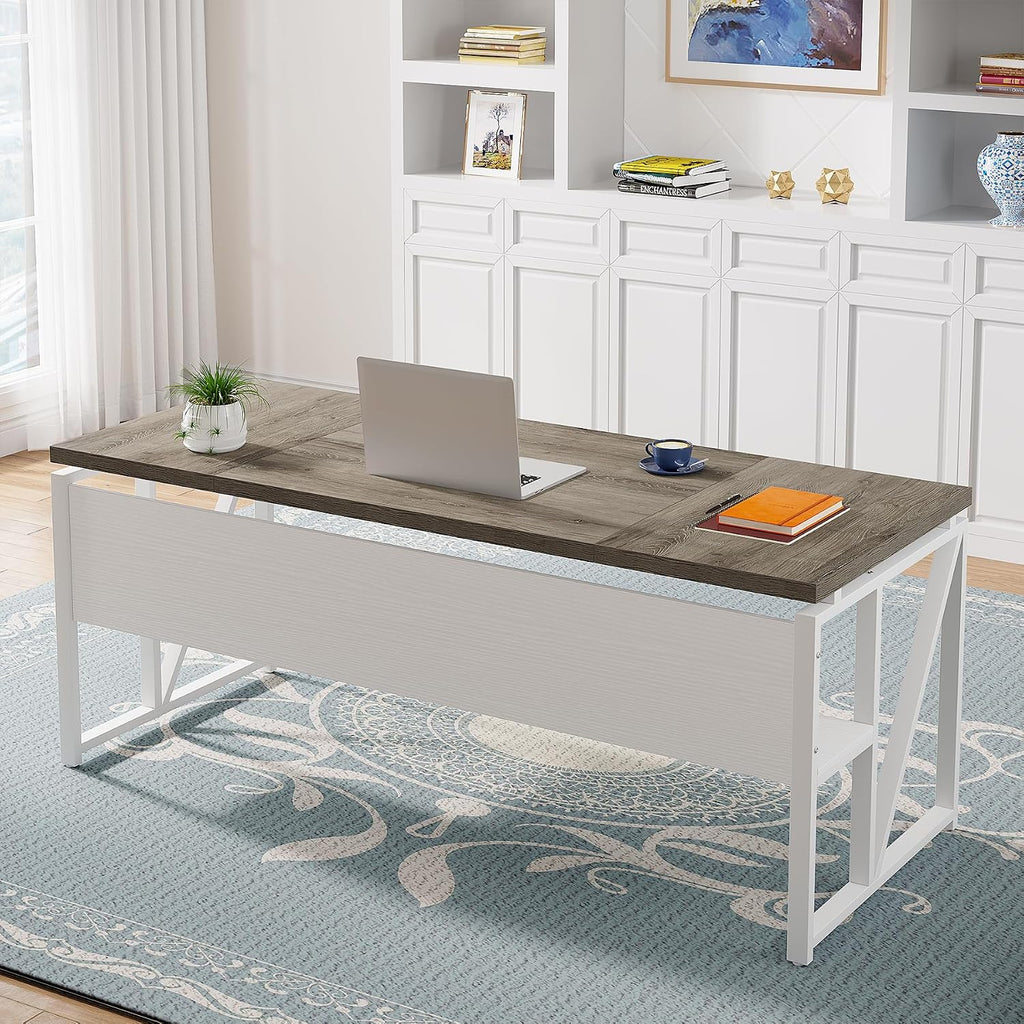 Tribesigns 63 inches Computer Desk with Bottom Storage Shelf Home Office Desk Writing Table for Workstation,Dark Walnut + Steel Leg， Cabinet not Included (Dark Oak, 63-inch-with Shelf)