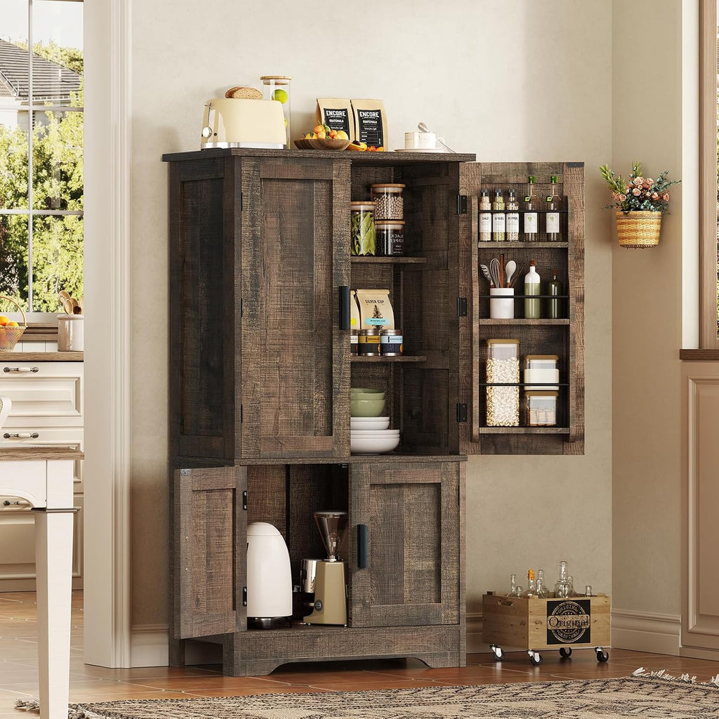TEENFON Storage Cabinet with 4 Doors, 43.3' H Farmhouse Kitchen Cabinet with 6 Door Shelves, Kitchen Storage Cabinets with Adjustable Shelves, for Living Room, Antique Oak