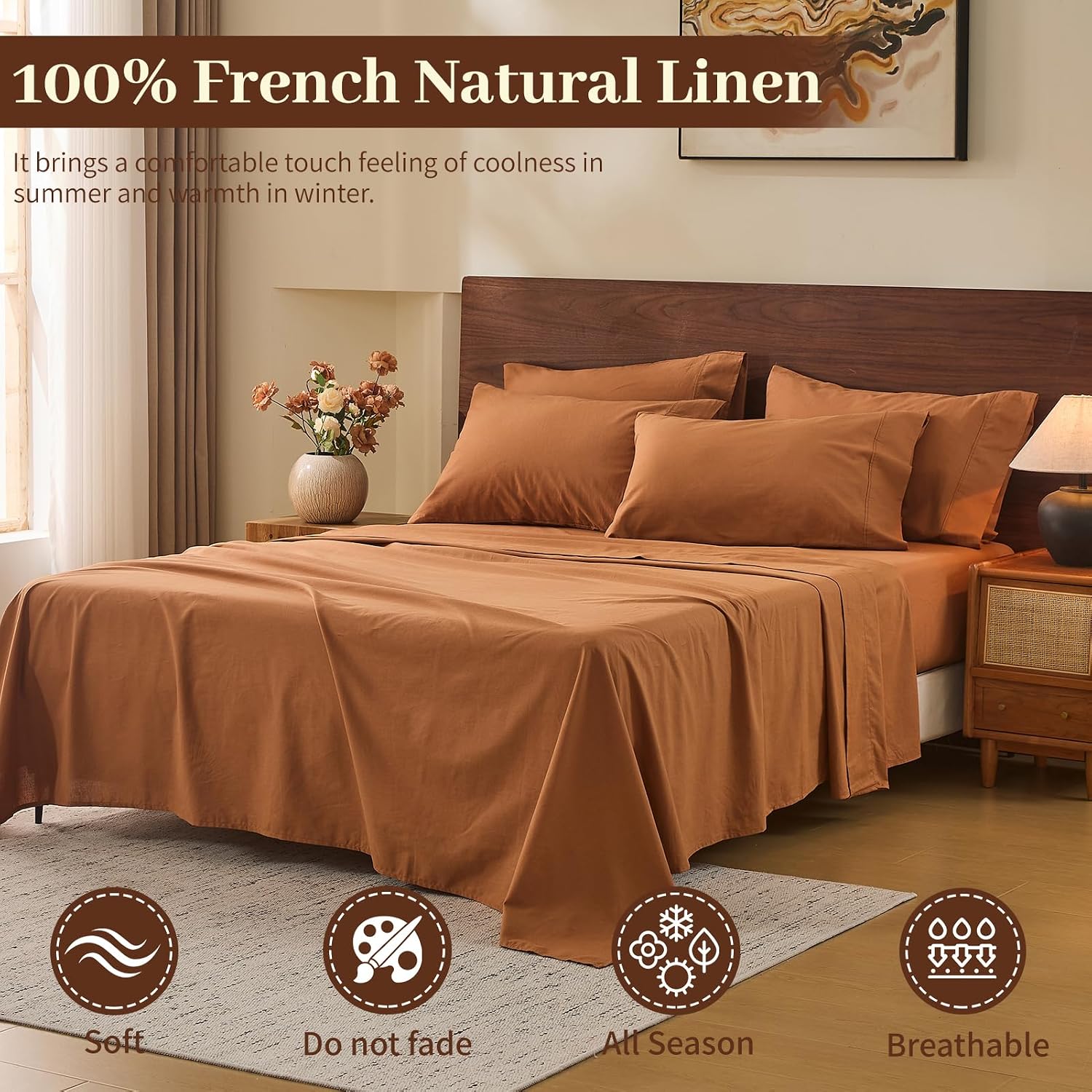 MEISHANG 100% French Pure Linen Sheets California King - Bed Sheets 4 Piece Sets, Soft Durable Flax Linen, Anti-Tear Breathable Oeko-Tex Certified with 16' Deep Pocket (Brown)