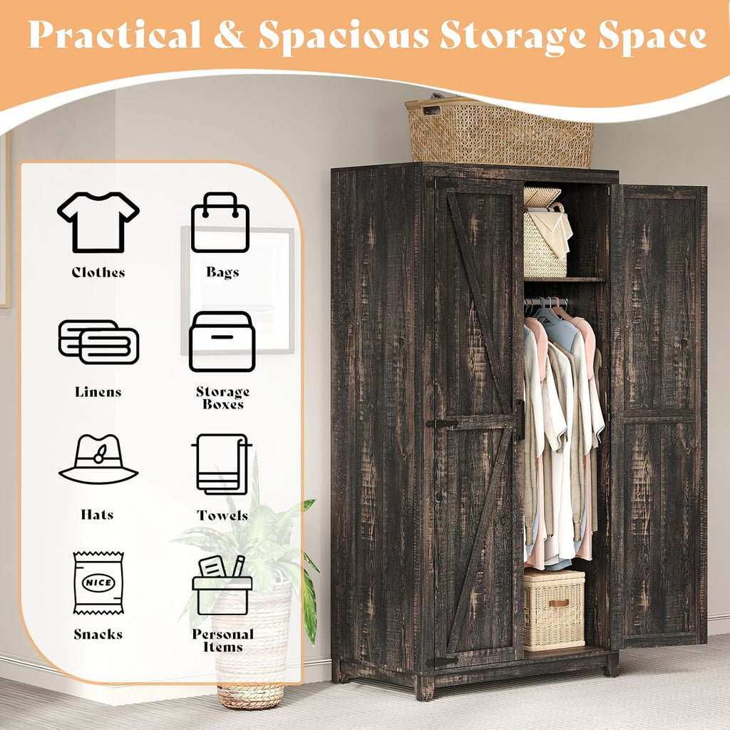 LUXOAK 70' Large Armoire Wardrobe Closet with Hanging Rod, Farmhouse Clothing Storage Cabinet with 2 Barn Doors, Wooden Tall Bedroom Armoires with Shelf, Dark Oak Wood