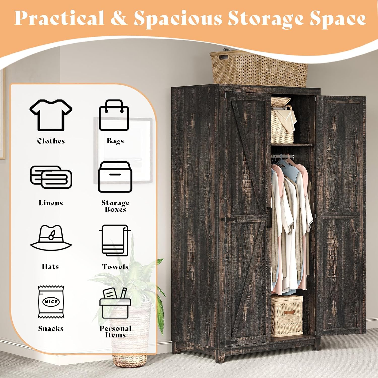 LUXOAK 70' Large Armoire Wardrobe Closet with Hanging Rod, Farmhouse Clothing Storage Cabinet with 2 Barn Doors, Wooden Tall Bedroom Armoires with Shelf, Dark Oak Wood