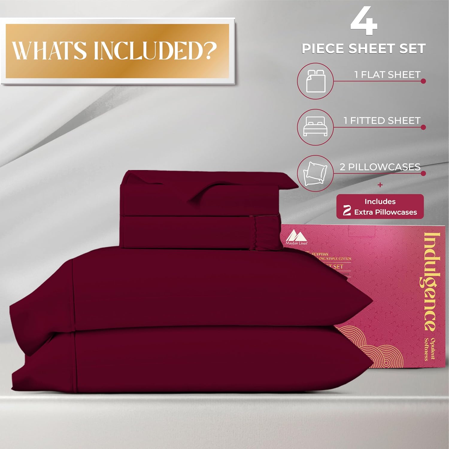 Mayfair Linen 100% Egyptian Cotton Queen Sheet Set - Luxury 1200 Series Egyptian Cotton Sheets Queen Size (4 PC, Burgundy), Silky Soft, Cooling & Breathable, 17' Deep Pocket Sateen Weave Hotel Bedding