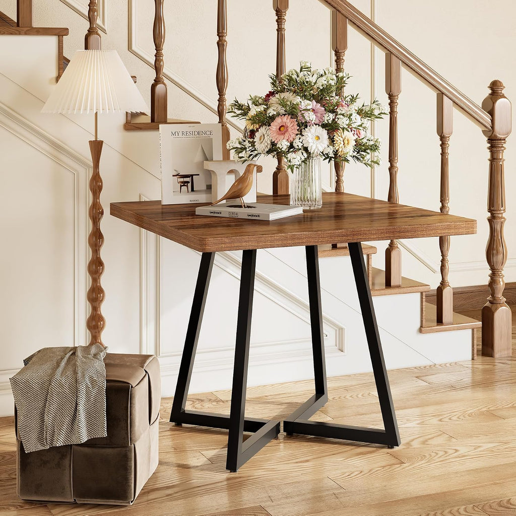 LITTLE TREE 31.5 Inches Small Dining Table for 4, Square Dinner Table for Small Space, Dining Room Tables, Rustic Brown Wooden Kitchen Table with Metal Legs, Modern Leisure Cafe Table for Apartment
