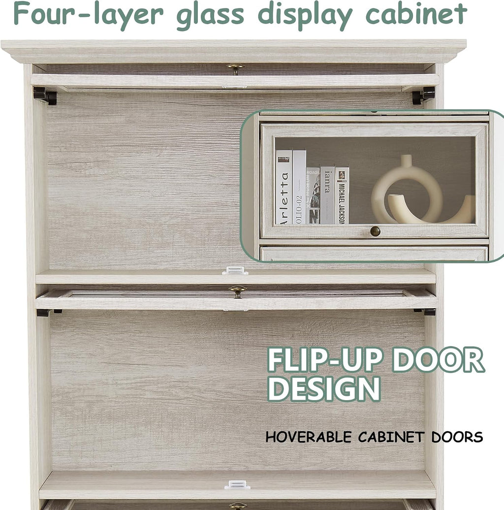 White Display Curio Cabinet with Glass Doors,White Showcase Display Cabinet,Shelves with Flip-Up Glass Doors,Farmhouse Barrister Bookcase