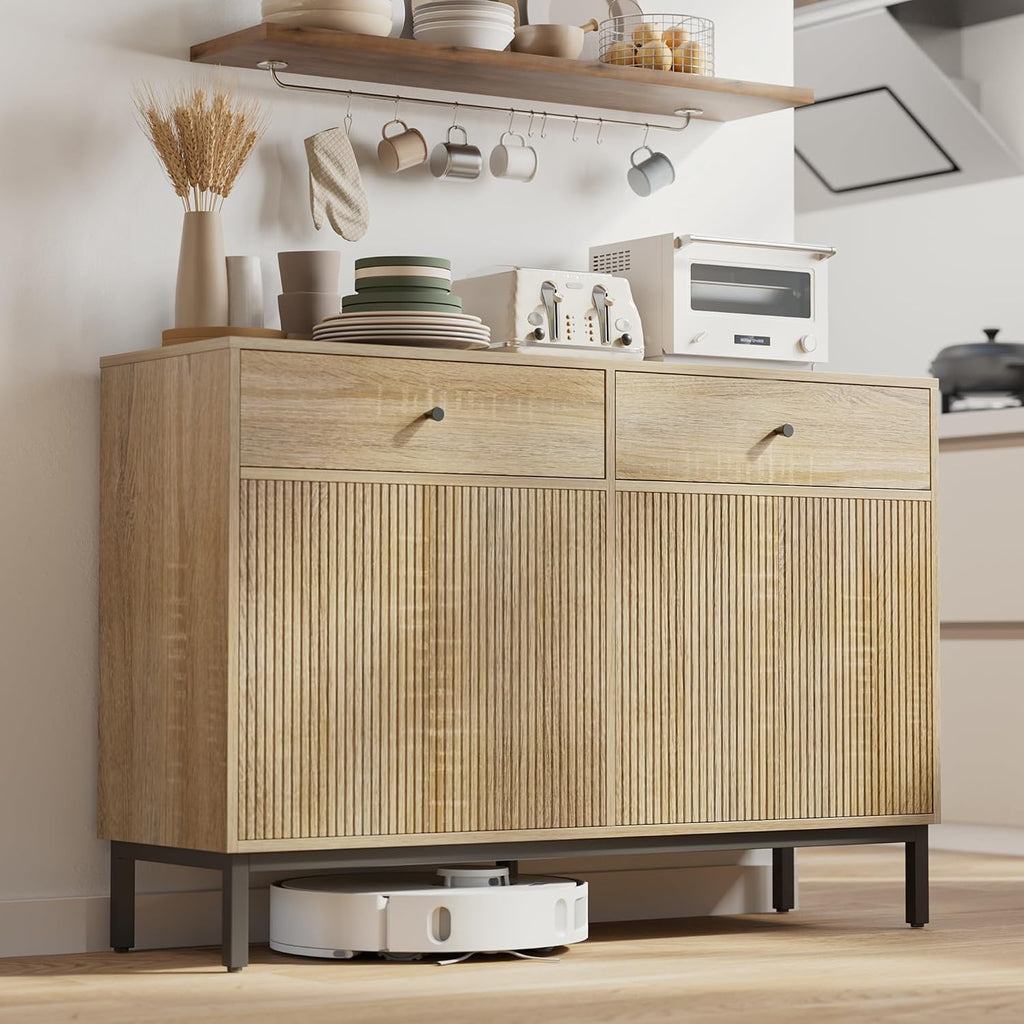 Mericonia Farmhouse Buffet Sideboard Cabinet with Storage, Fluted Coffee Bar with Doors and Adjustable Shelves, Modern Wood Console Cabinet with Drawers (4 Door, Natural 2 Drawer)