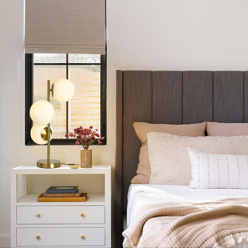 Modern Gold Globe Table Lamp, Mid-Century 3-Light Desk Lamp with 5.9' Frosted Milk Glass Shade, Brass Metal Base Bedside Nightstand Lamp for Bedroom, Living Room, Office