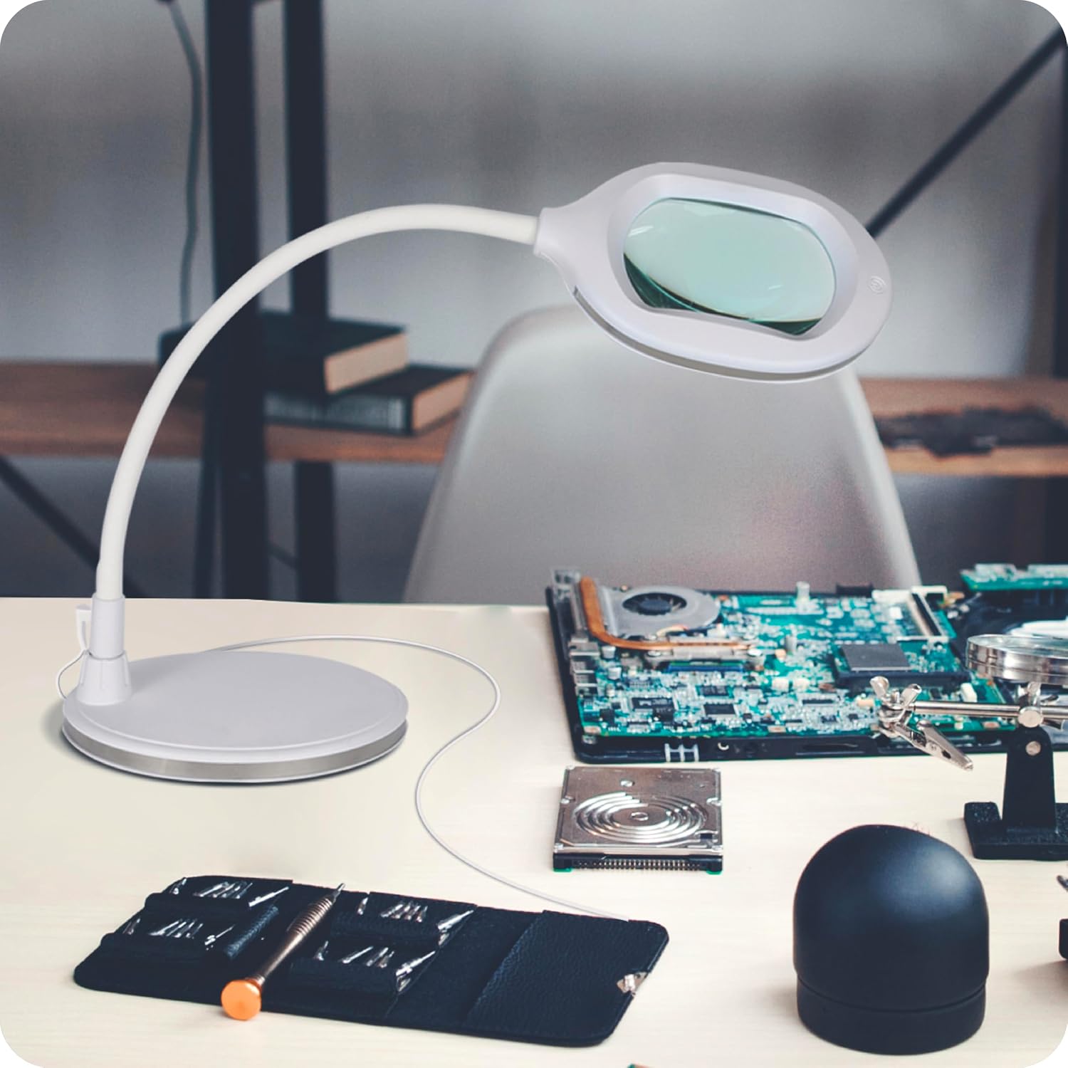 Brightech LightView Pro Magnifying LED Desk Lamp with Light, Hobbies & Reading, Flexibility & Durability Magnifying Floor Lamp, 3 in 1 LED Light Glass Magnifier, Work Light for Pro Uses - White