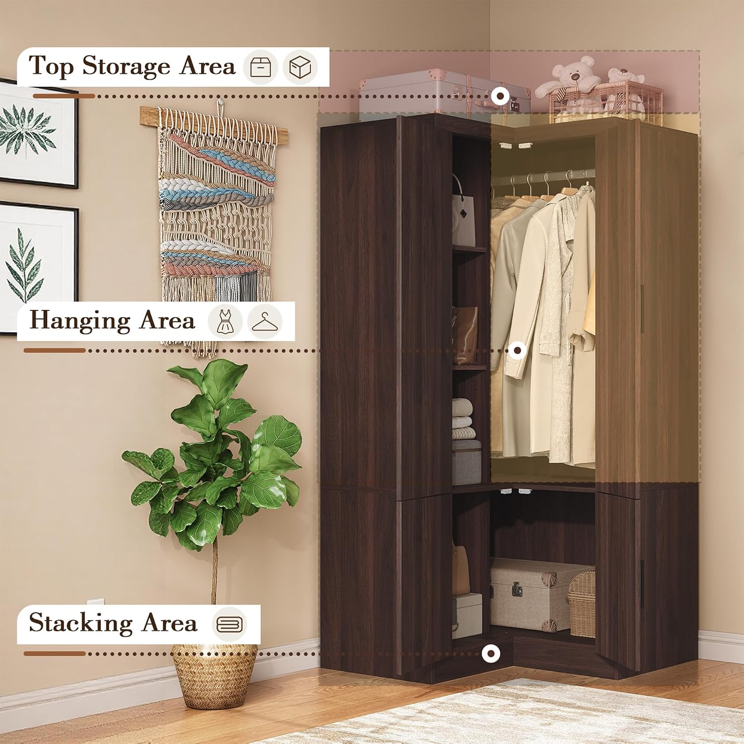 WERSMT 70' Corner Armoire Wardrobe Closet with Barn Door & Shelves, L Shaped Closet Bedroom Clothing Storage Cabinet for Hanging Clothes, Farmhouse Wooden Wardrobe Closets for Bedroom, Espresso