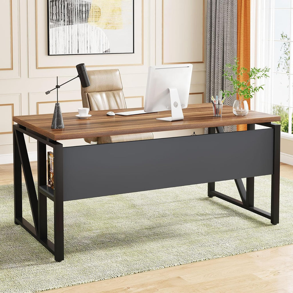 Tribesigns 55 inches Simple Computer Desk,Home Office Desk Writing Table for Workstation,Dark Walnut + Steel Leg， Cabinet not Included (Walnut, 55-inch)