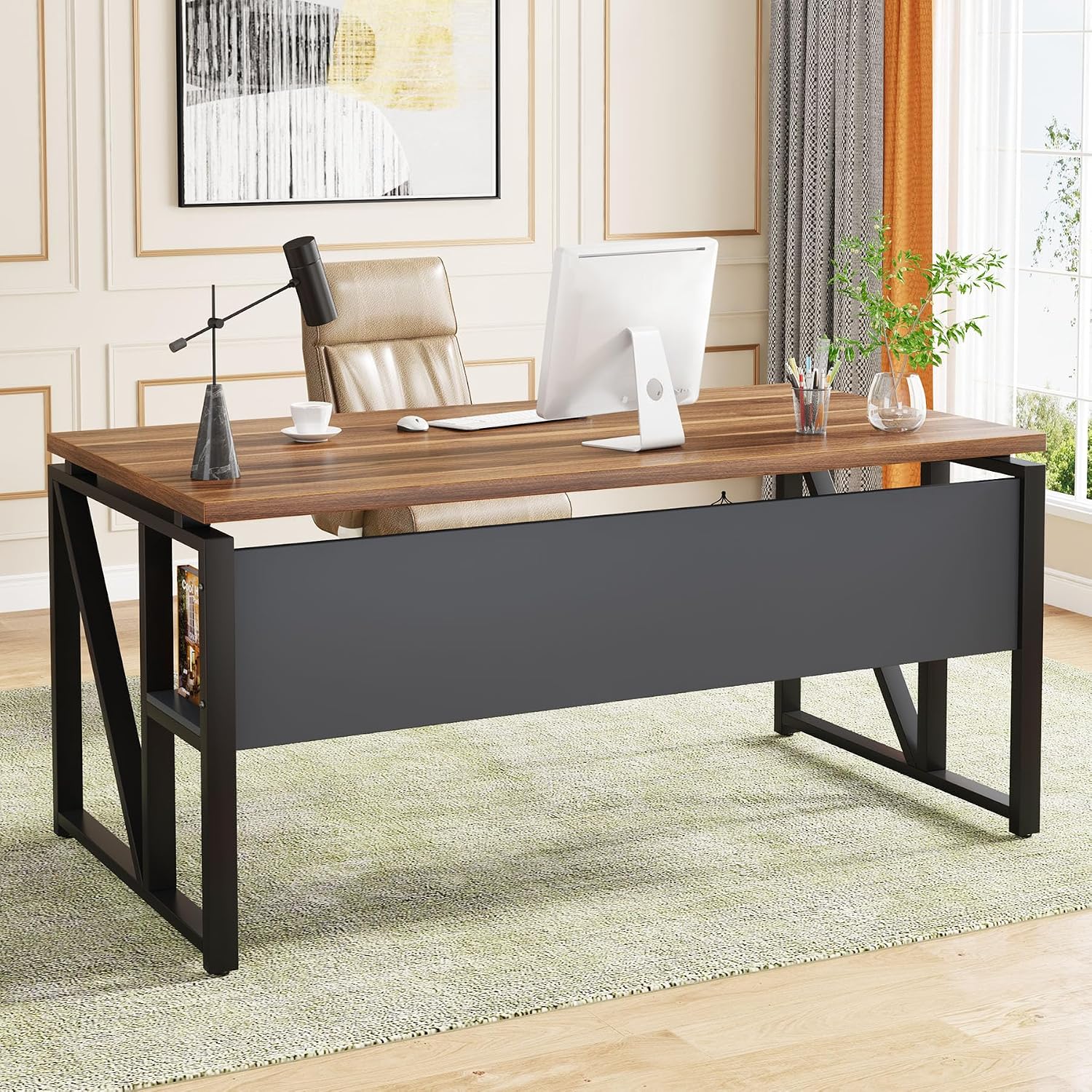 Tribesigns 55 inches Simple Computer Desk,Home Office Desk Writing Table for Workstation,Dark Walnut + Steel Leg， Cabinet not Included (Walnut, 55-inch)
