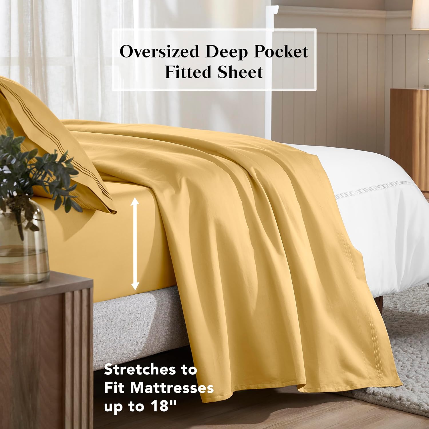 Superior Egyptian Cotton 4 Piece Sheet Set, 650 Thread Count, Eco-Friendly, Sustainable Sheets, Ultra-Soft Basics, Solid, Deep Pocket Fitted Sheet, Flat Sheet, Pillowcases, Queen, Gold