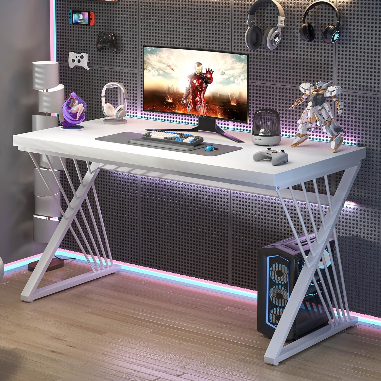 FOLUBAN White Desk, Modern Wood and Metal Computer Desk for Home Office, Simple Writing Work PC Desks for Bedroom, Industrial Study Gaming Table for Living Room, White, 47 Inch