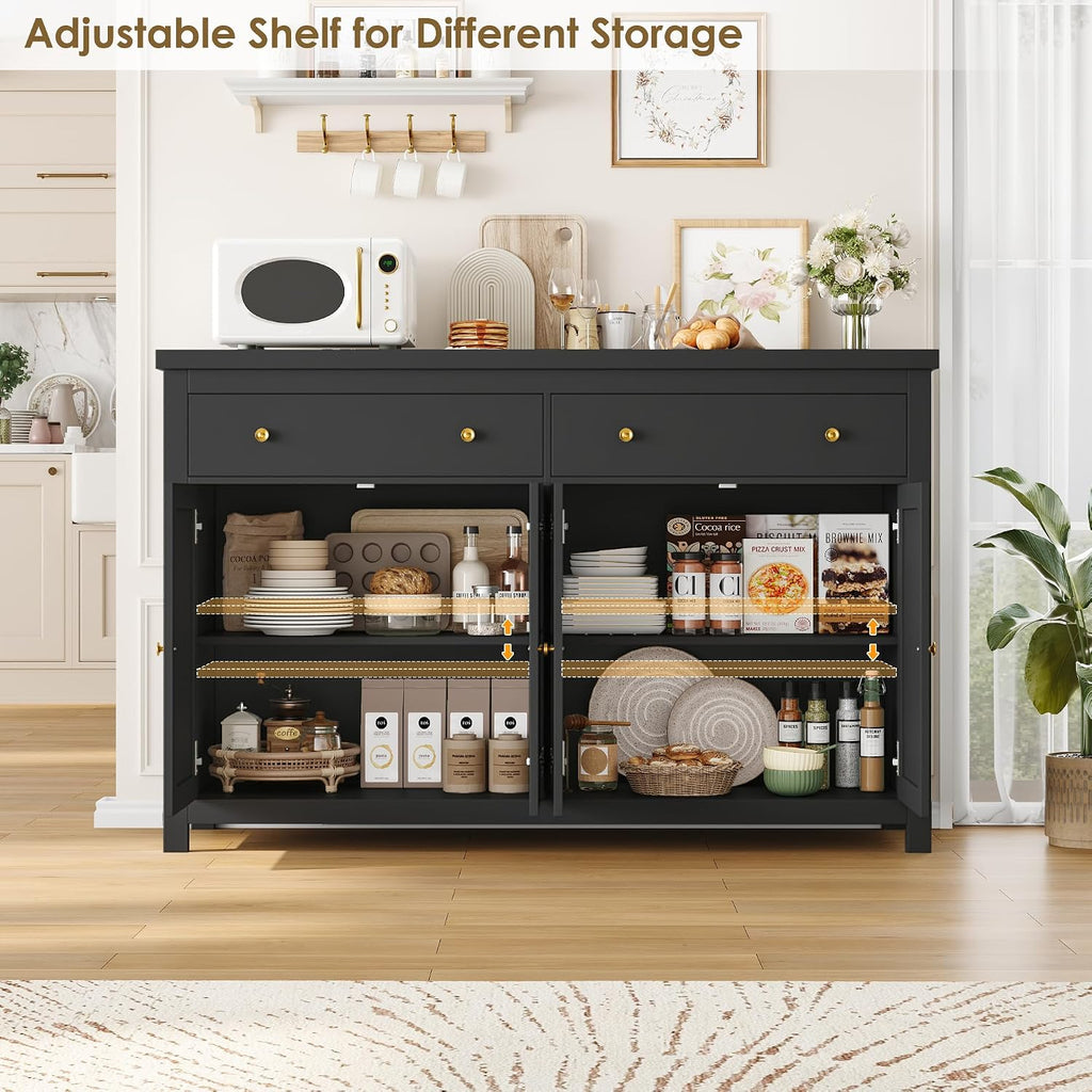 FOTOSOK Sideboard Buffet Cabinet with Storage, 55' Large Kitchen Storage Cabinet with 2 Drawers and 4 Doors, Wood Coffee Bar Buffet Table for Kitchen Dining Room, Black