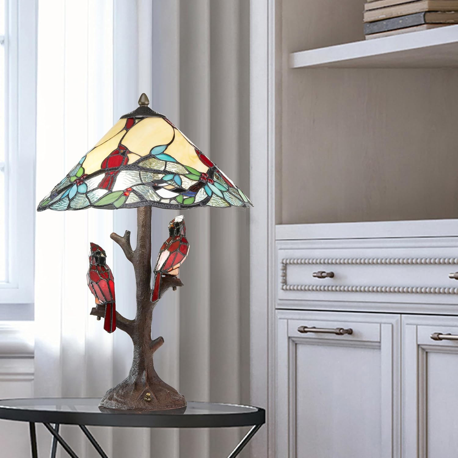 RIVER OF GOODS - Stained Glass Triple Lit Cardinals on Tree Table Lamp - 23.75' in - Table Lamp for Bedroom - Bedside Lamp - Desk Lamps for Home Office - Tiffany Style - Multi Color