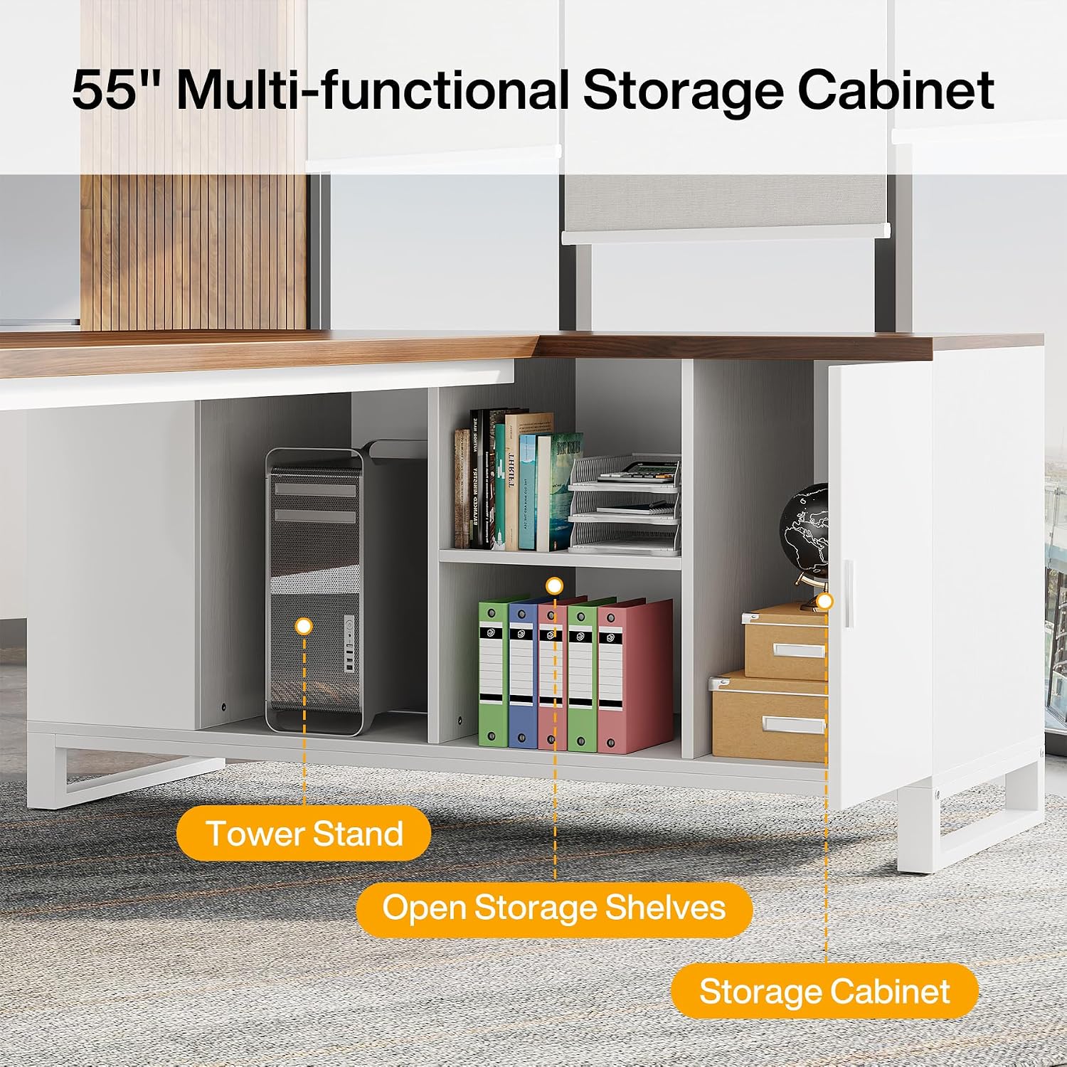 Tribesigns 70.8-Inch Executive Desk with 55-Inch File Cabinet, Large L Shaped Computer Desk with Storage Cabinet and Shelves, Modern L-Shaped Desk for Home Office, Walnut & White