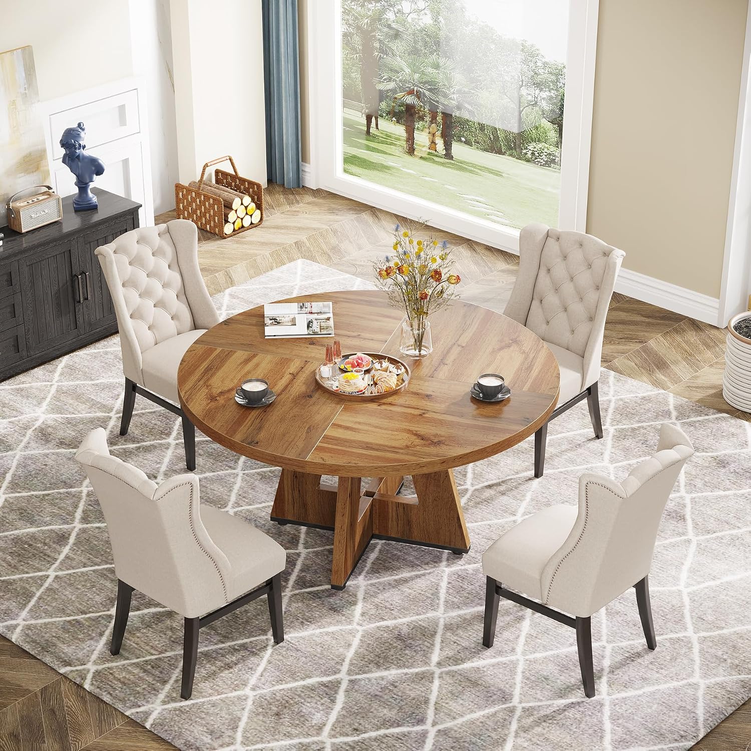 Tribesigns Farmhouse Dining Table, 47 Inch Round Dinner Table for 4, Rustic Round Dining Room Table for Home Dining Room Living Room (Wood)
