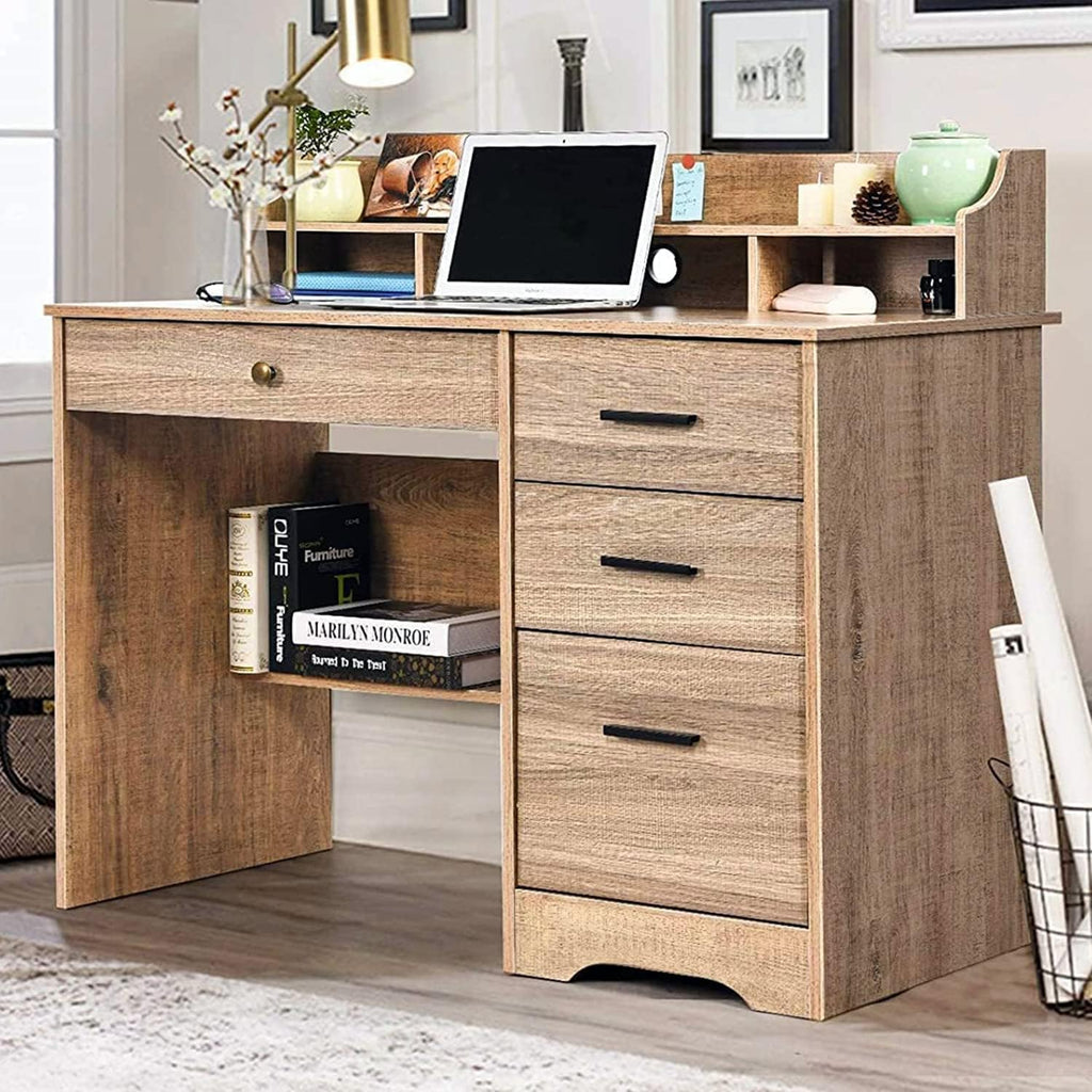HOMBCK Computer Desk with 4 Drawers and Storage, Small Office Desk with File Drawers and Hutch, Farmhouse Wood Writing Student Table for Home Office, Bedroom, Wooden Grey