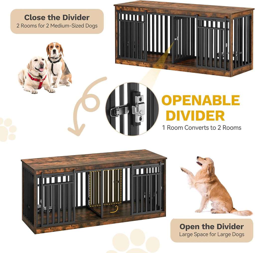 DWVO 71' Double Dog Crate Furniture for 2 Medium Dogs, Heavy Duty Wood Dual Dog Kennel TV Stand with Sliding Doors, Decorative Wooden 2 Dog Cage Table with Dog Bowls for Extra Large Dogs Rustic Brown