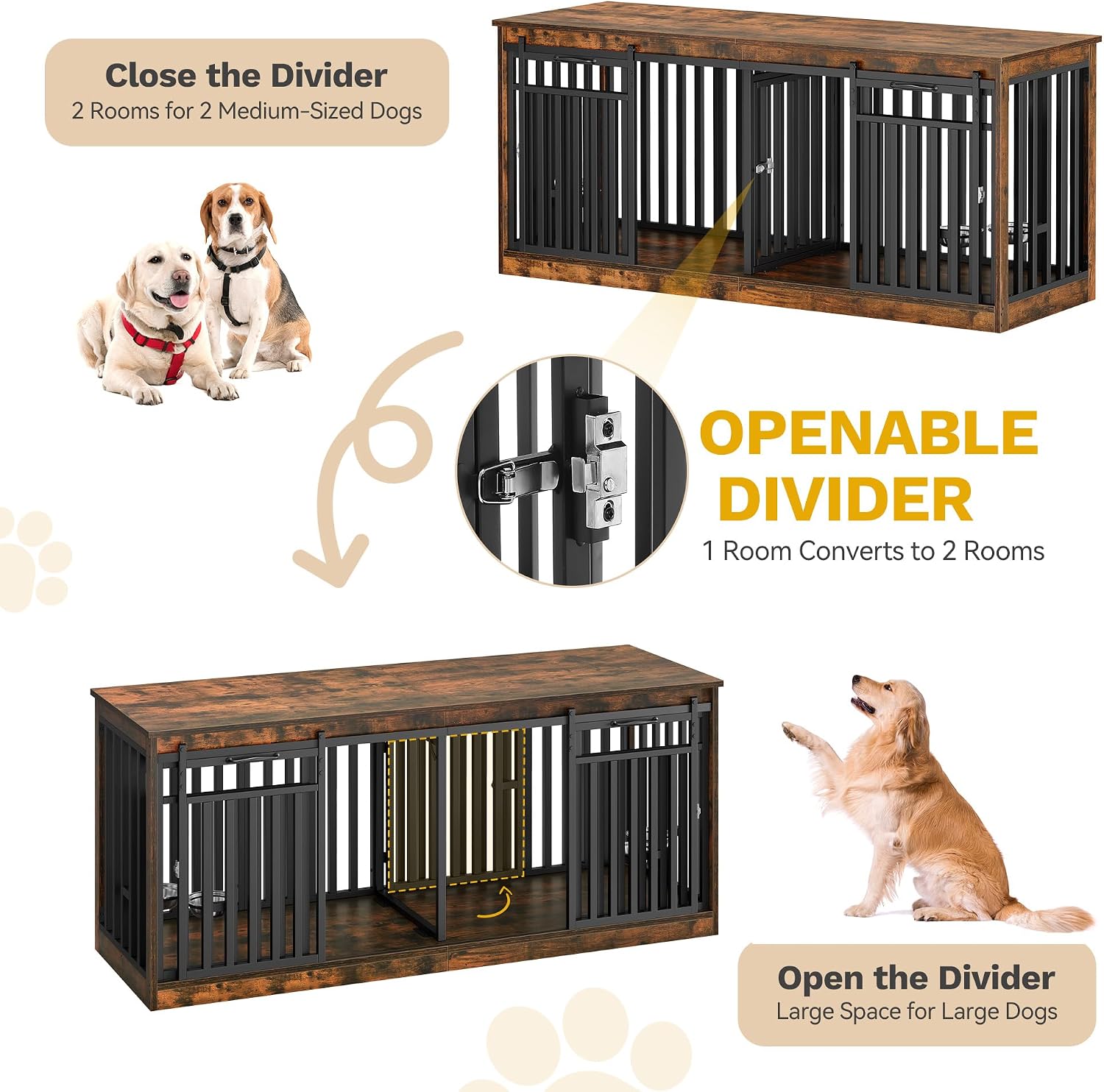 DWVO 71' Double Dog Crate Furniture for 2 Medium Dogs, Heavy Duty Wood Dual Dog Kennel TV Stand with Sliding Doors, Decorative Wooden 2 Dog Cage Table with Dog Bowls for Extra Large Dogs Rustic Brown