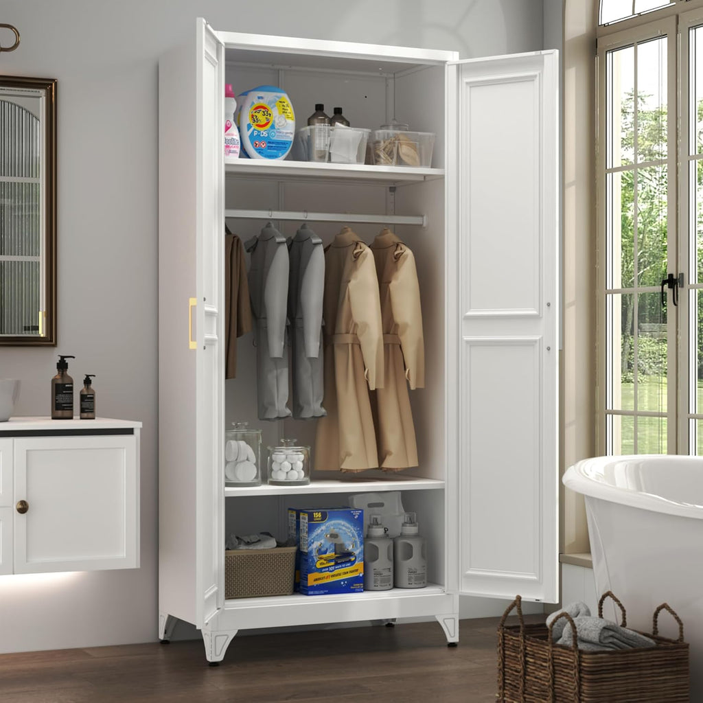 Metal Armoire Wardrobe Closet with 2 Doors, 71' Tall Wardrobe Closet with Doors, Hanging Rod, Drawers and Adjustable Shelves, White Clothing Storage Cabinets for Bedroom, Home Office
