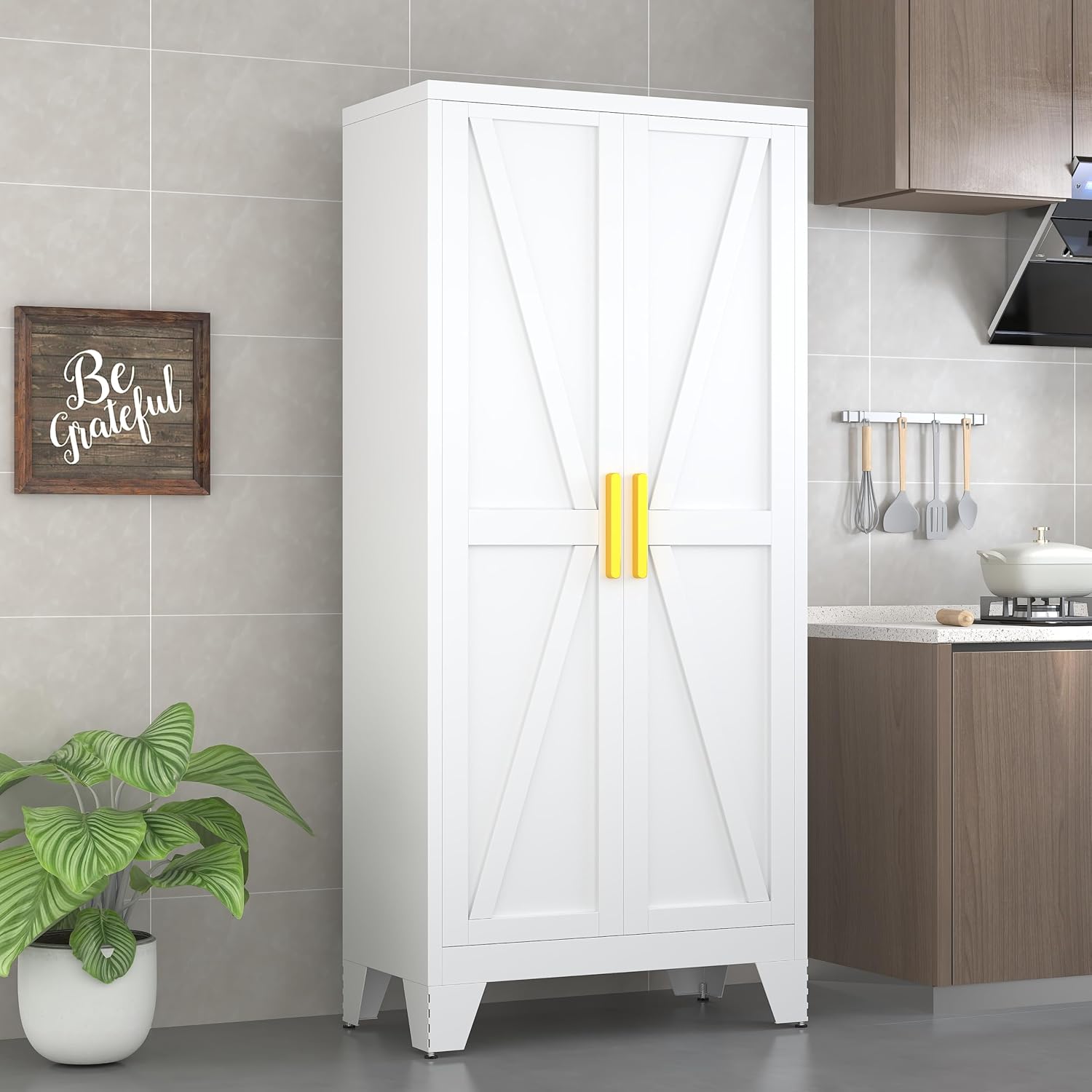 71' Tall Pantry Cabinet, White Metal Kitchen Storage Cabinet with 2 Doors and 4 Adjustable Shelves