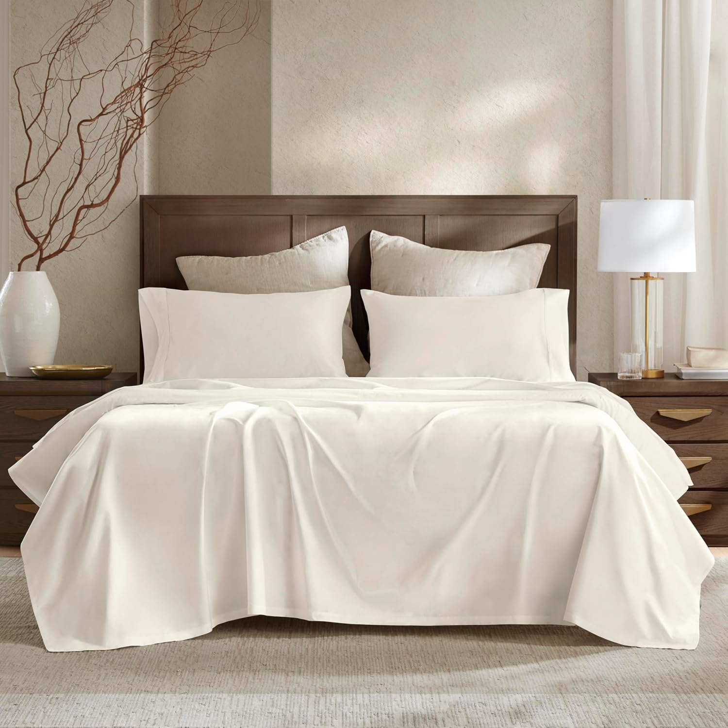 Harbor House Luxury 100% Egyptian Cotton Sheet Set, 400 Thread Count Sateen Weave, Soft & Breathable Bed Sheets with Deep Pocket, 4-Piece Queen Bedding Set, Ivory