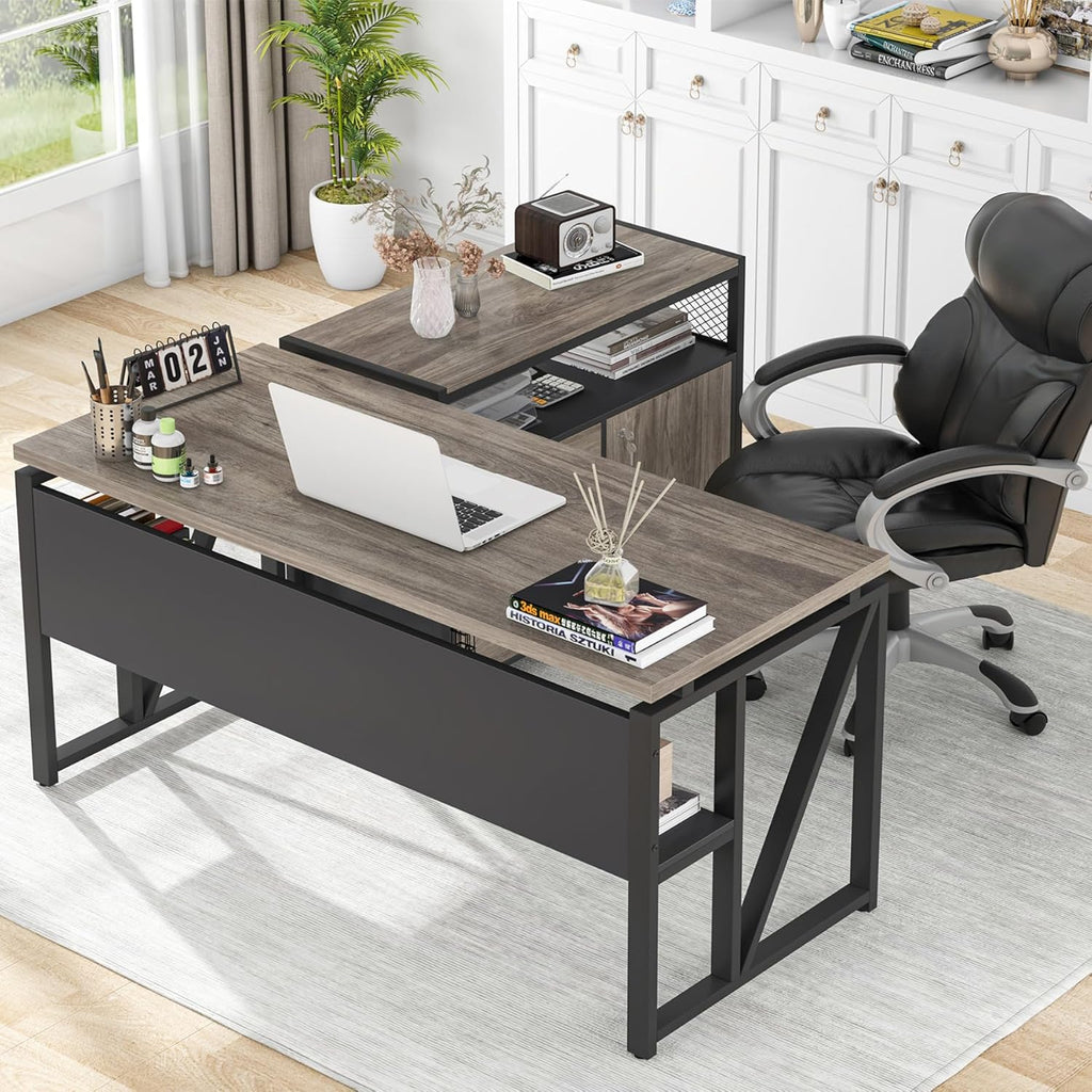 Tribesigns Grey Executive Desk with Cabinet, 55' L Shaped Computer Desk and lateral File Cabinet with Locks, 2 Piece Home Office Furniture Set for Hanging