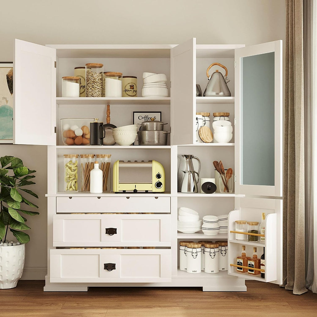 Modern 78.3 inch Large Kitchen Pantry Storage Cabinet, Traditional Buffet Cabinet with Hutch and Drawers, Wood Freestanding Tall Storage Cabinet with Door Shelf and Adjustable Shelves (White//2)