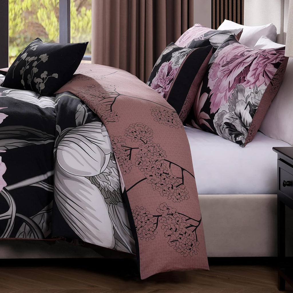 Bebejan Midnight Meadow 5 Piece Comforter Set, 100% Cotton Sateen, 220 Thread Count, Black Reversible Bedding Comforter Set, 1 Comforter, 2 Shams & 2 Pillows (King/Cal King)
