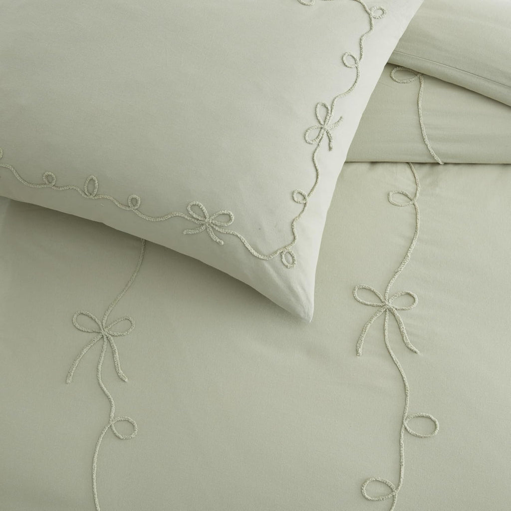 Peri Home Bows Duvet Cover Set 100% Cotton 3-Piece Bedding, Full/Queen, Green Sasha Bows