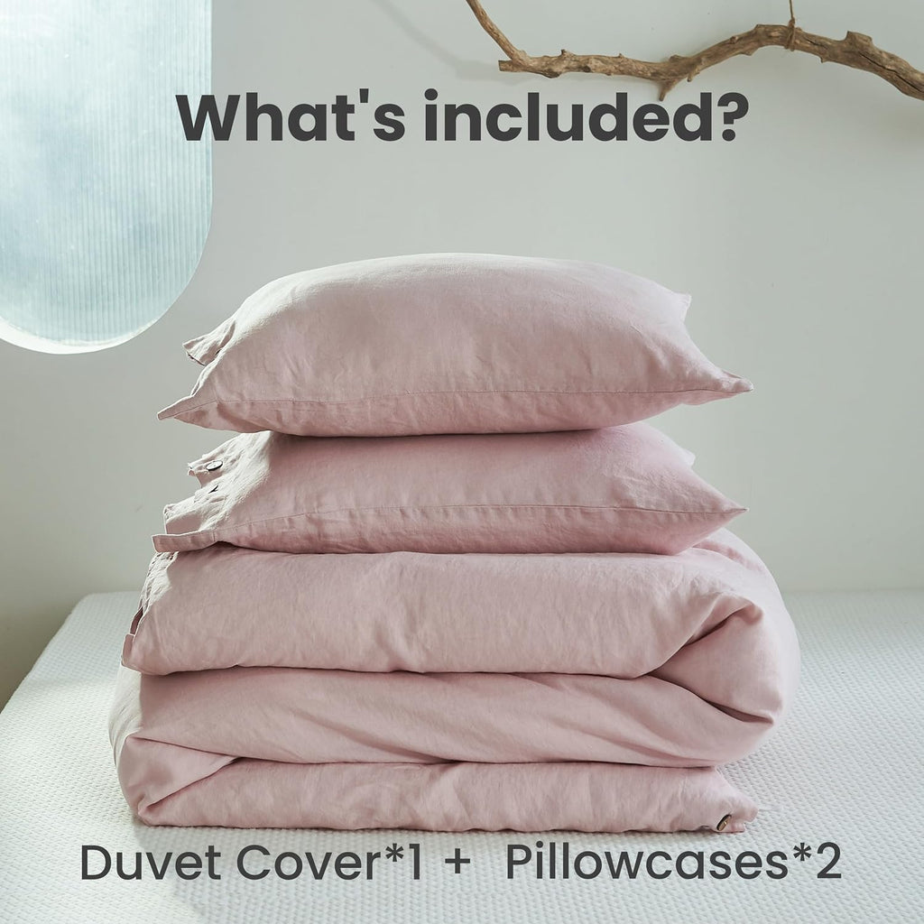 Simple&Opulence 100% Linen Duvet Cover Set 3pcs with Coconut Button Closure Natural French Washed Flax Solid Color Soft Breathable Farmhouse Bedding - Blush Pink, Queen Size