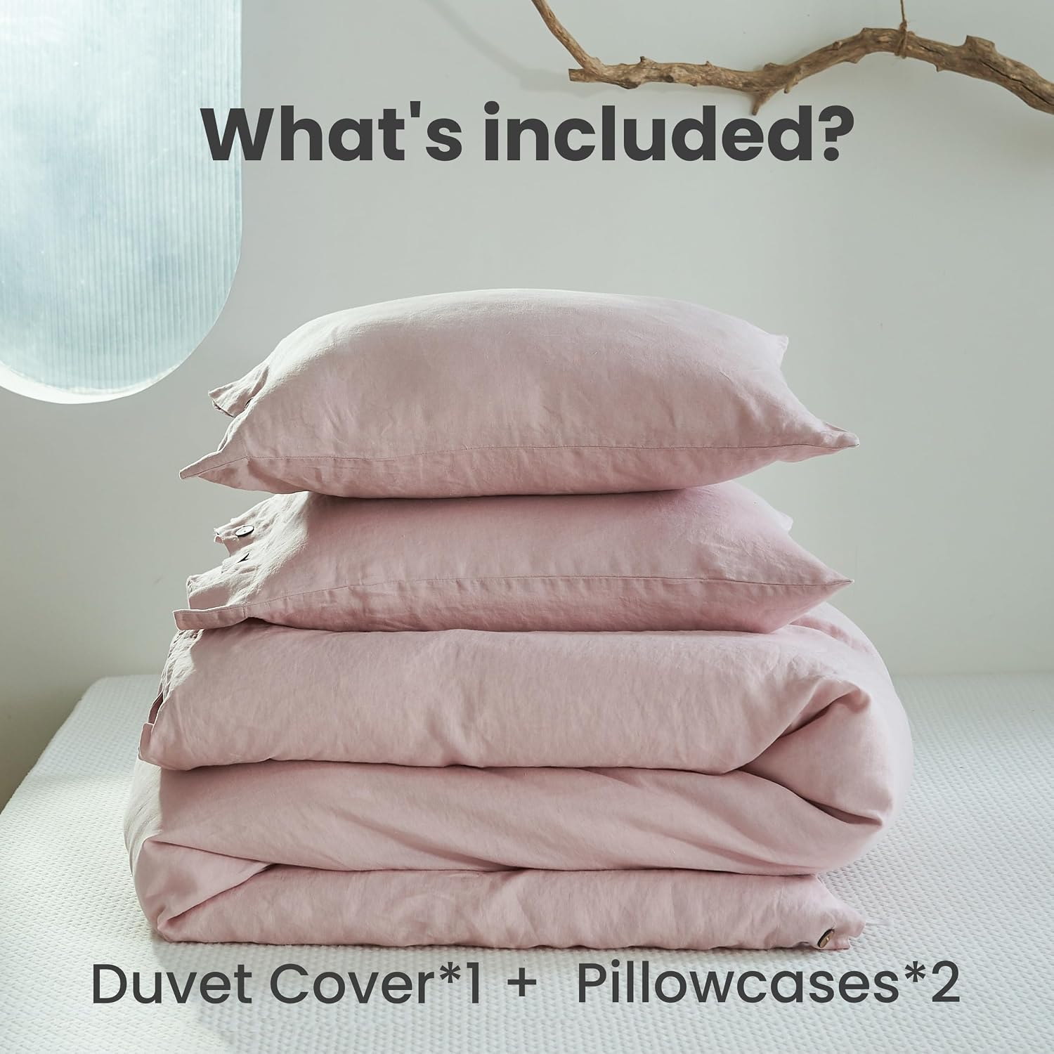 Simple&Opulence 100% Linen Duvet Cover Set 3pcs with Coconut Button Closure Natural French Washed Flax Solid Color Soft Breathable Farmhouse Bedding - Blush Pink, Queen Size
