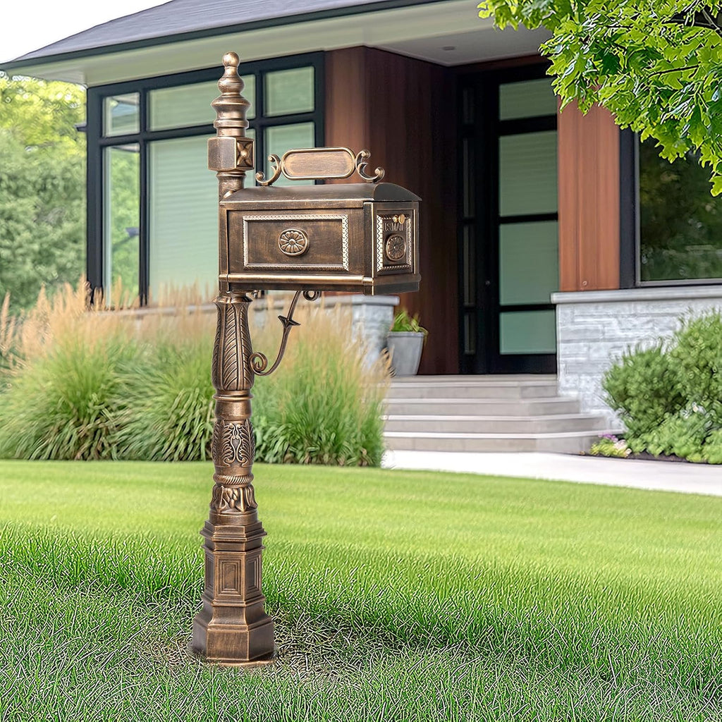 Outvita Cast Aluminum Mailbox, Barcelona Decorative Post Mailbox, Rust-Proof Large Security Heavy Duty Mailbox (Bronze)