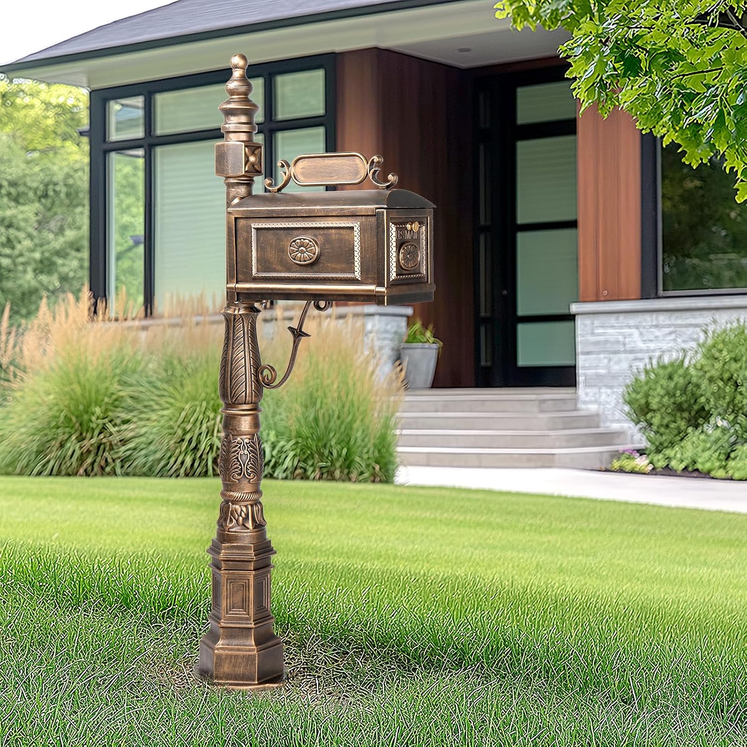Outvita Cast Aluminum Mailbox, Barcelona Decorative Post Mailbox, Rust-Proof Large Security Heavy Duty Mailbox (Bronze)