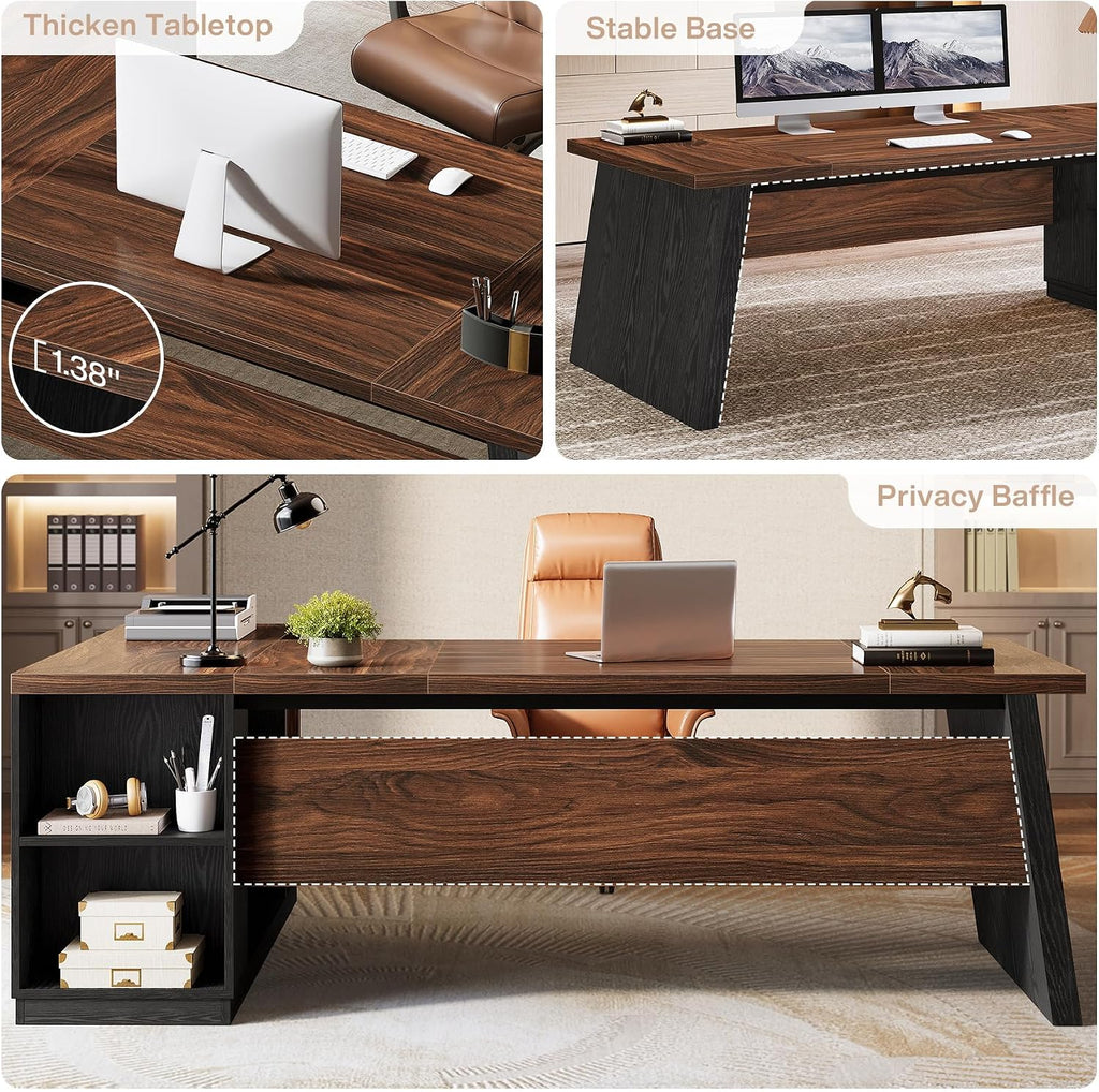 Tribesigns 78-Inch L-Shaped Executive Desk, Large Computer Desk with 2 Drawers and Storage Shelves, Business Furniture Workstation for Home & Office (Brown and Black)