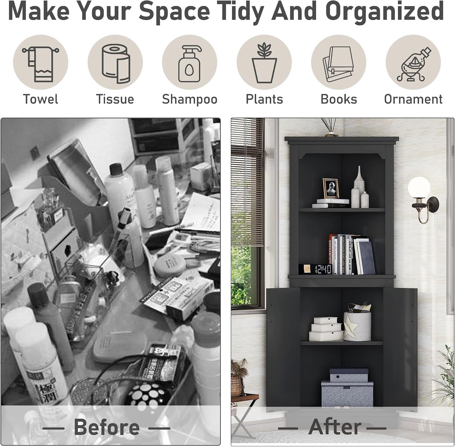 Bellemave Triangle Corner Storage Cabinet, 69.4'' H Tall Bathroom/Kitchen Cabinet with Doors & Shelves, Space-Saving Furniture for Small Spaces (Black)