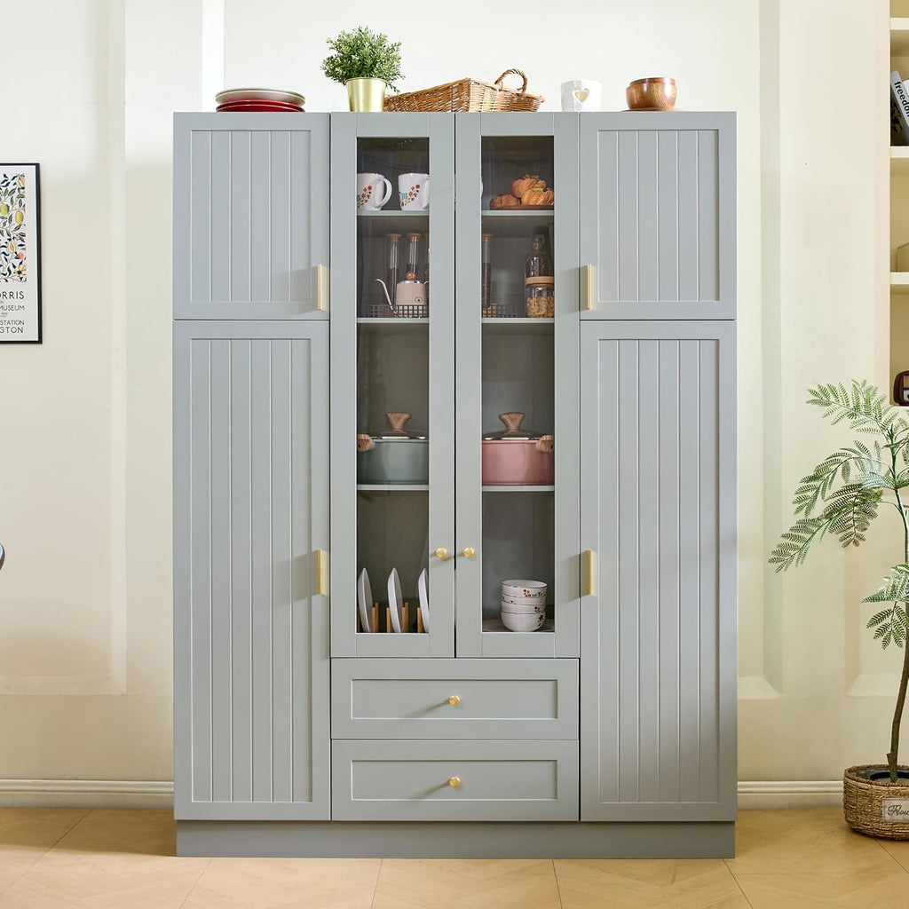 Modern Large Kitchen Pantry with 6 Doors, 53.2''Lx17.7''W Wood Storage Cabinet Cupboard with Drawers, Adjustable Shelves, Pull-Out Trays and Wine Rack for Dining Room (Green-4.19)
