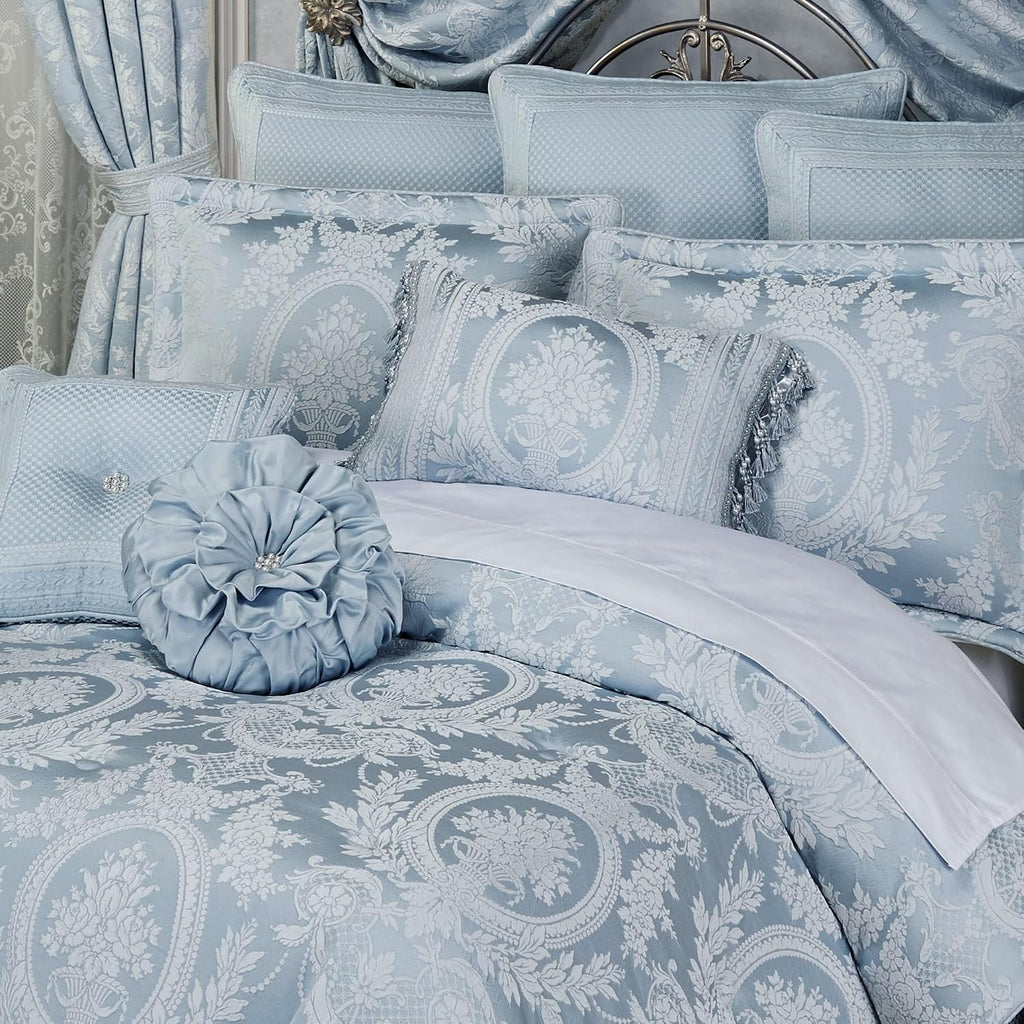 Contessa Luxury Bedding | Iced Platinum and Powder Blue | Puff Jacquard-Woven | 11 Pc Bed Set: Cal King Comforter, Bedskirt, 2 King Shams, 2 Euro Shams, 2 Euro Pillow Inserts, and 3 Decorative Pillows