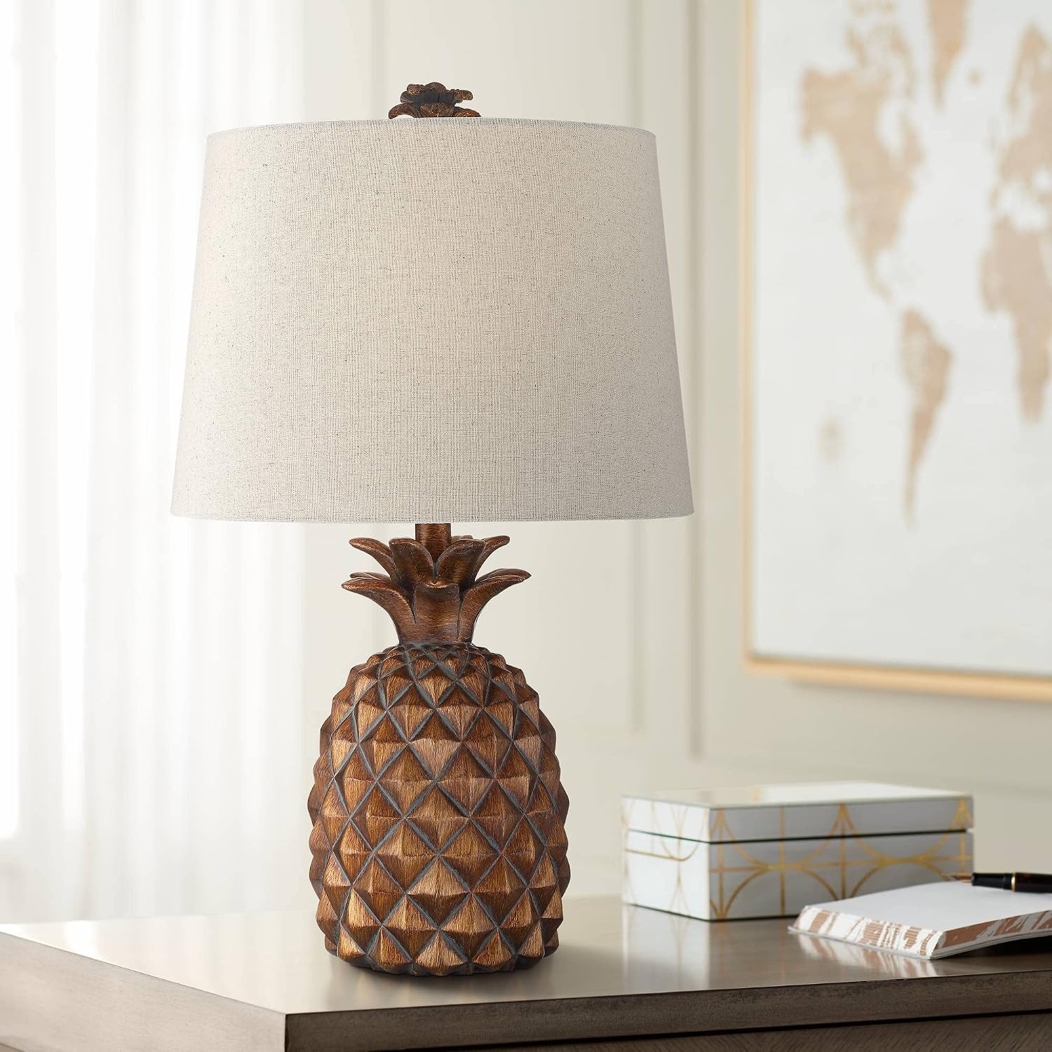 Regency Hill Paget 23 3/4' High Pineapple Small Coastal Tropical Accent Table Lamps Set of 2 Brown Living Room Bedroom Bedside Nightstand House Office Home Reading Fabric Oatmeal Shade