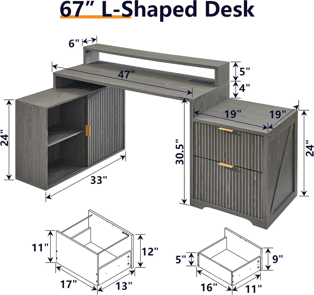 JXQTLINGMU Modern L Shaped Desk with Storage Cabinet & Drawers, Wood Home Office Desk with Power Outlets, Fluted Computer Writing Desk