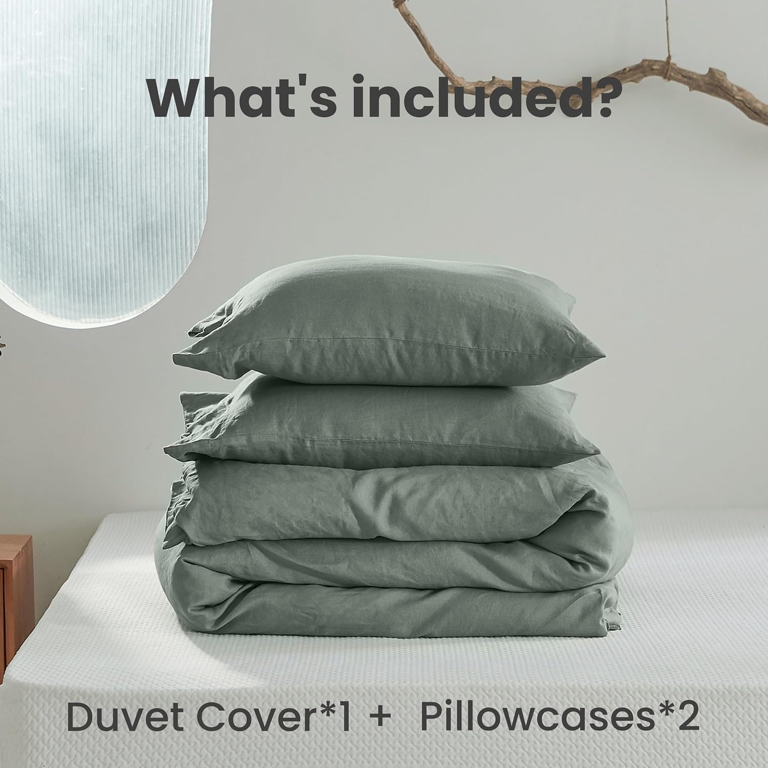 Simple&Opulence 100% Linen Duvet Cover Set 3pcs with Coconut Button Closure Natural French Washed Flax Solid Color Soft Breathable Farmhouse Bedding - Cushing Green, Queen Size