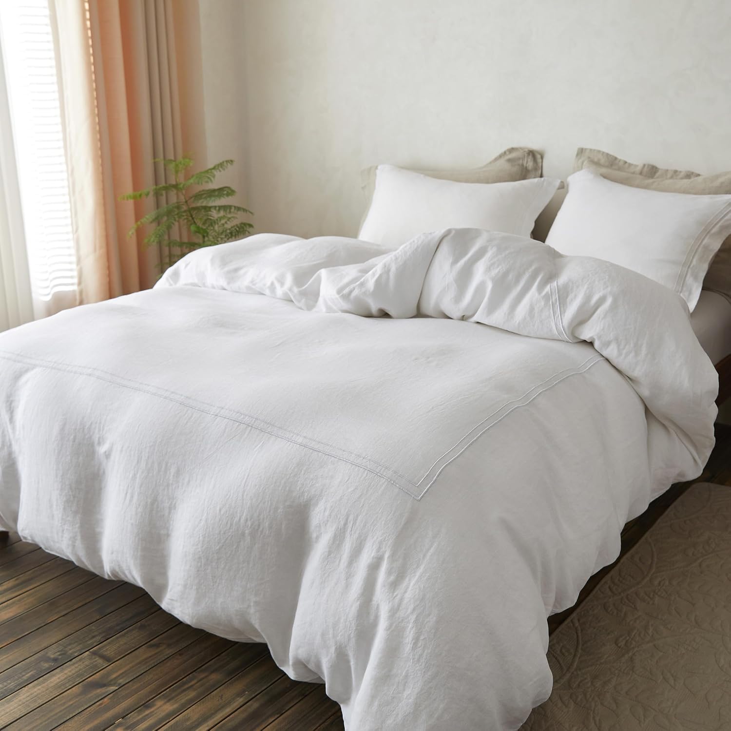 Simple&Opulence 100% Washed Linen Duvet Cover Set 88'x92' - 3 Pieces Soft Farmhouse Comforter Cover Set Double Embroidered with Button Closure - 1 Duvet Cover and 2 Pillowshams (White, Queen)