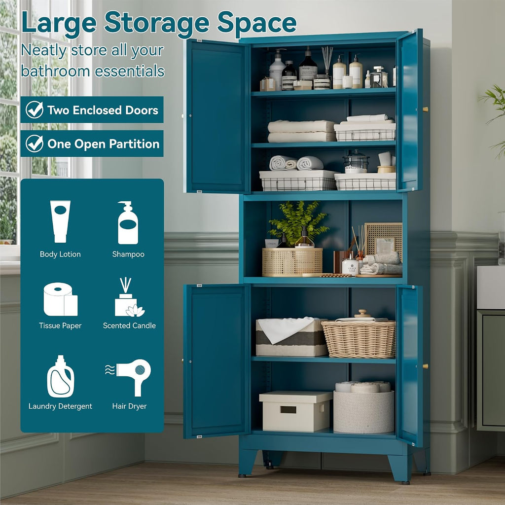 Bevivog Tall Pantry Cabinet with Microwave Shelf, 69' Metal Storage Cabinet with 4 Doors and Adjustable Shelves,Freestanding Metal Kitchen Hutch Cabinet, Blue Pantry Closet Storage Shelves with Doors