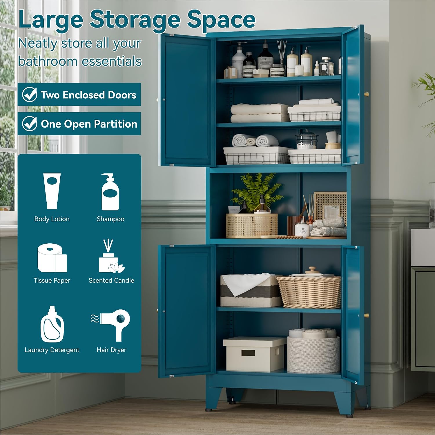 Bevivog Tall Pantry Cabinet with Microwave Shelf, 69' Metal Storage Cabinet with 4 Doors and Adjustable Shelves,Freestanding Metal Kitchen Hutch Cabinet, Blue Pantry Closet Storage Shelves with Doors
