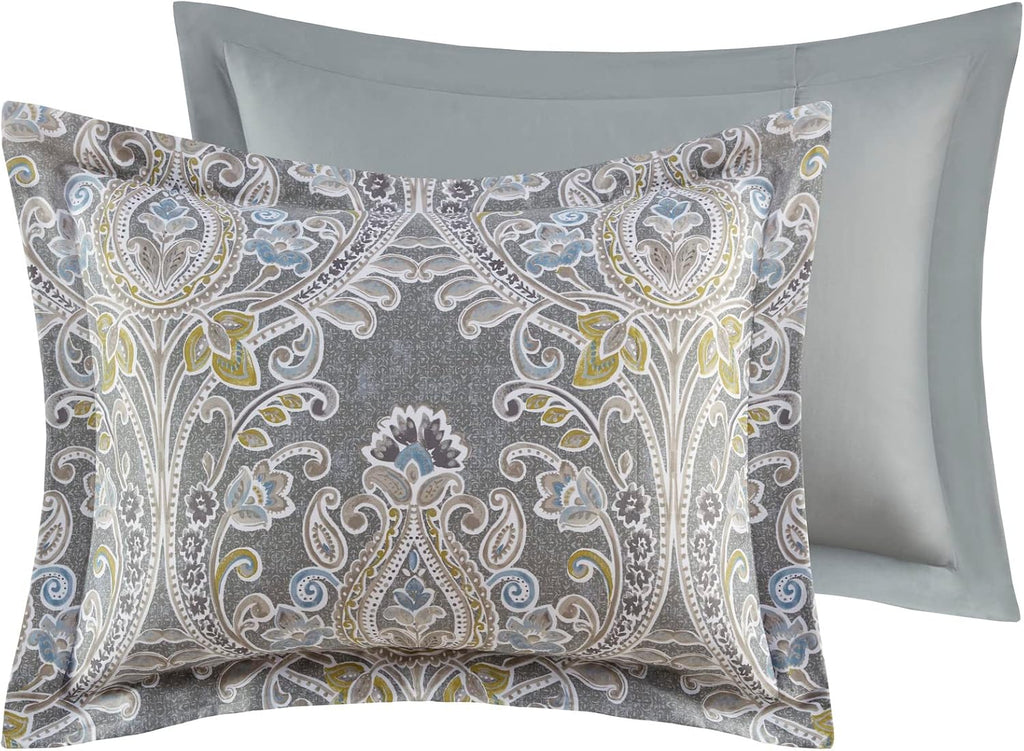 Harbor House Cozy Cotton Comforter Set - Classic Modern Design, All Season Down Alternative Casual Bedding, Matching Shams, Hallie, Damask Grey Full(80'x90') 6 Piece