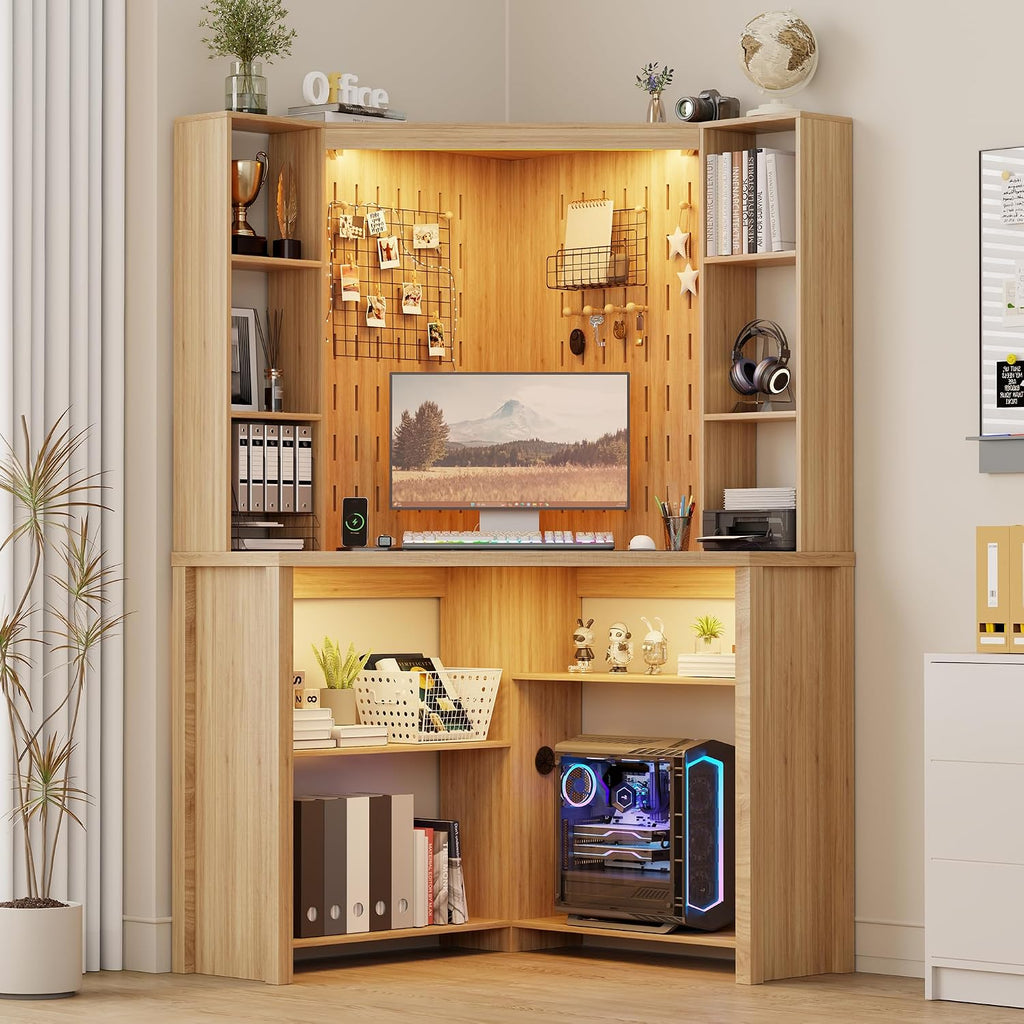 Corner Desk with - LED Reading Light, L-Shaped Computer Desk w/Hutch & Shelves, Home Office Desk w/Charging Station for Work & Study, File Cabinet Storage Bookshelf for Small Space (Natural)