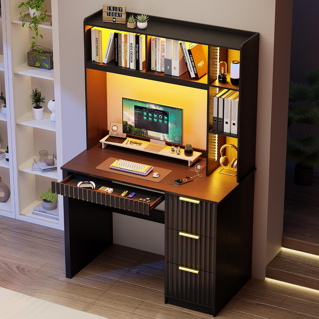 WOOVIVS Home Office Desk with Hutch & LED Lights - 39' Computer Desk with Charging Station, 3 Large Drawers, Hidden Compartment & Fluted Panel Design,Black Writing Desk for Bedroom, Study