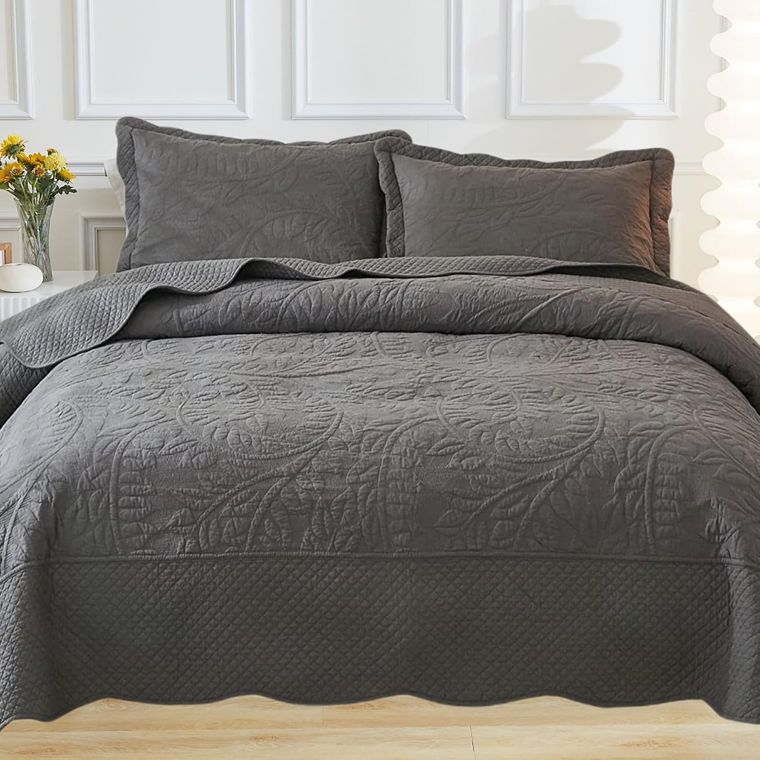 MarCielo 3-Piece 100% Cotton Oversized Bedspread Lightweight Quilt Coverlet Embroidery Farmhouse Bedding Set T0 (Dark Grey, Oversized Queen (100'x106'))