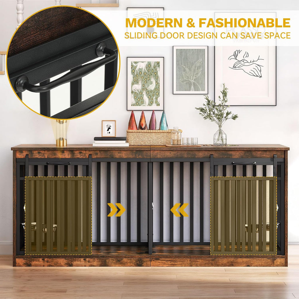 DWVO 71' Double Dog Crate Furniture for 2 Medium Dogs, Heavy Duty Wood Dual Dog Kennel TV Stand with Sliding Doors, Decorative Wooden 2 Dog Cage Table with Dog Bowls for Extra Large Dogs Rustic Brown